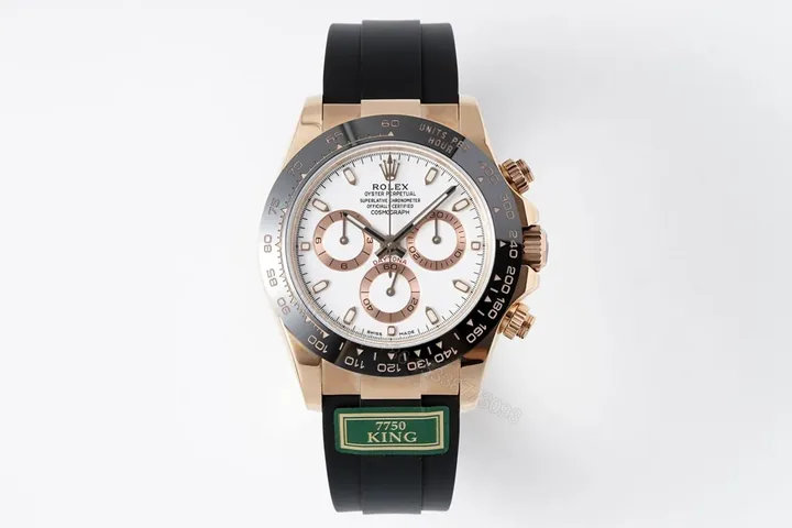 View 1 of Clean Factory KING ROLEX Daytona Rose Gold White Dial Rubber Strap Watch – Premium Replica with 7750 Movement
