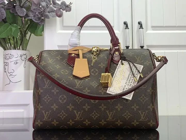 View 1 of Brown Canvas LV Monogram Travel Handbag with Burgundy Leather Trim