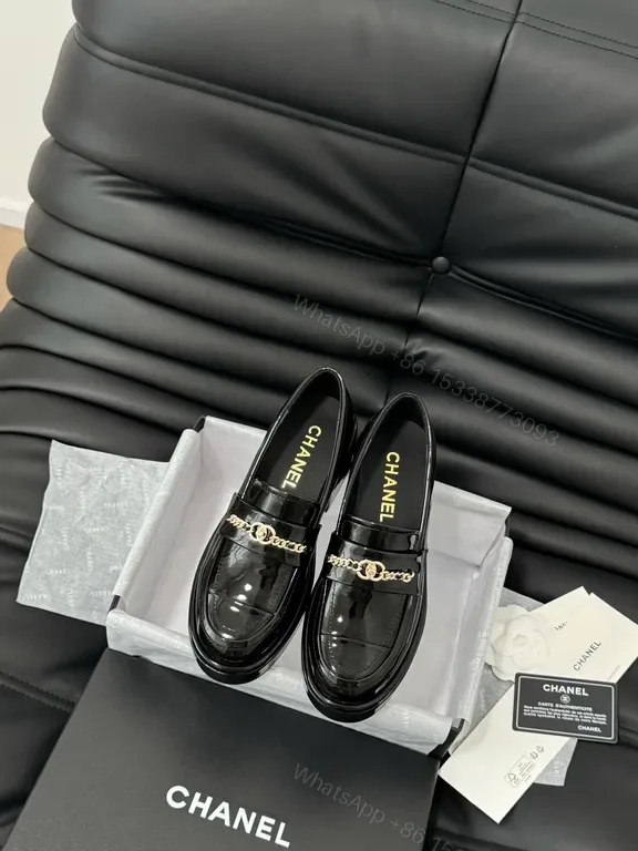 View 1 of Polished Patent Loafers with Gold Chain â€“ Luxe Everyday Wear