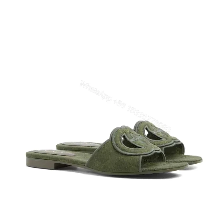 View 1 of GUCCI WOMEN SLIDE SANDAL WITH INTERLOCKING G GREEN GG CANVAS‎ ‎790447 9SF00 3005