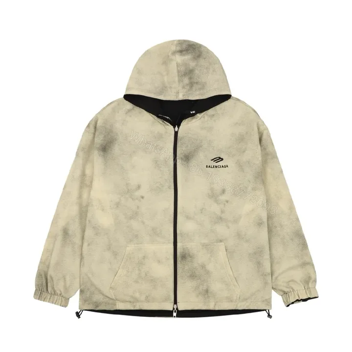 View 1 of Beige Tie-Dye Zip Hoodie: Elevated Everyday Comfort