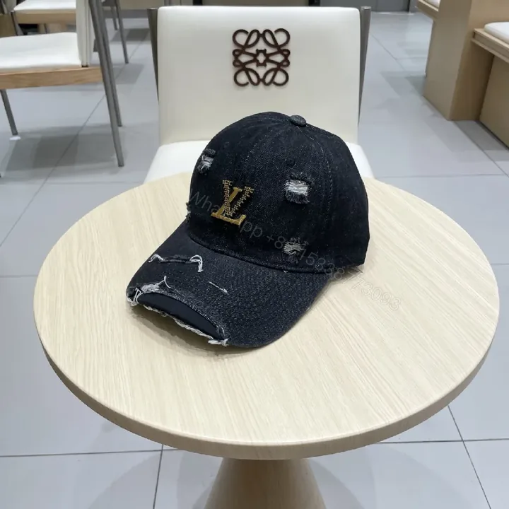 View 1 of Distressed Denim Cap / Gold Emblem / Casual Luxury / Subtle Statement / Cap