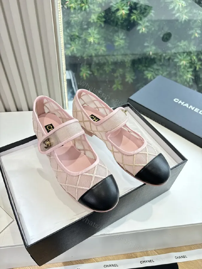 View 1 of Pink Quilted Mary-Jane Flats with Black Cap Toe