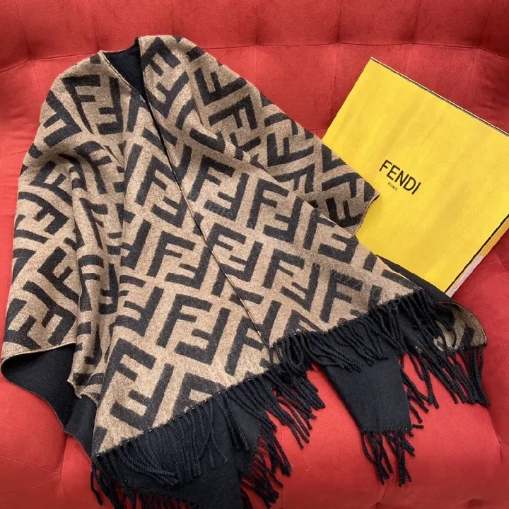 View 1 of Bold F-Inspired Monogram Wrap: Luxe Warmth & Fringe Detail