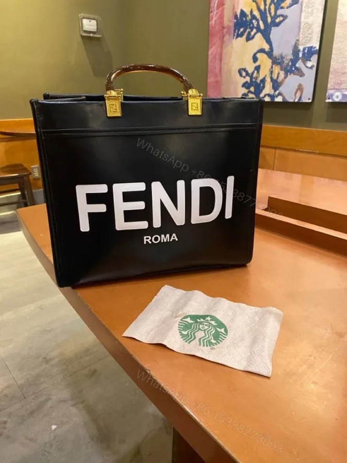 View 1 of First Copy Fendi Roma Black Canvas Tote Bag With Bold Logo Print And Premium Top Handles
