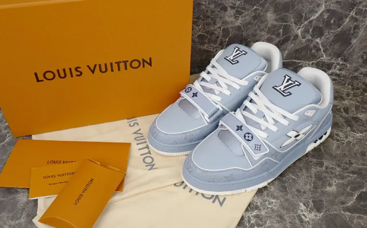 View 1 of Soft Blue Leather High-Top Sneaker with Luxe Details