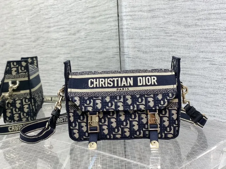 View 1 of Navy-cream Jacquard Messenger Bag with Gold Hardware