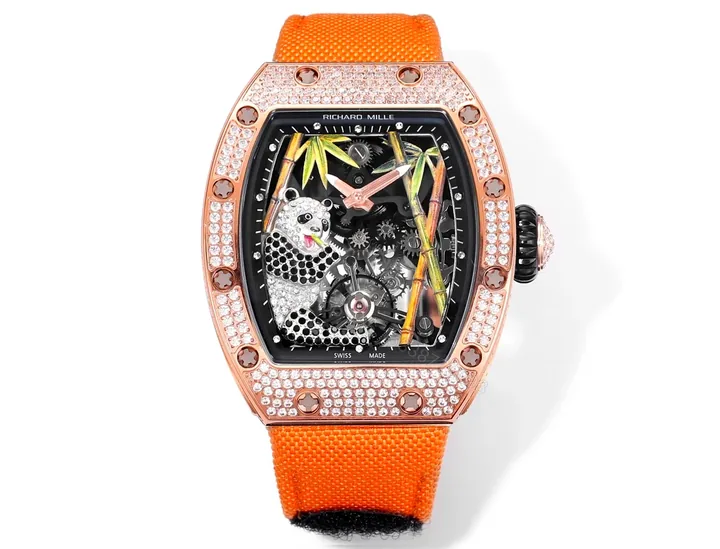 View 1 of Richard Mille RM26-01 Panda Tourbillon Watch Orange Strap Full Diamond Panda Art Dial 18K White Gold National Treasure Mechanical Edition RM26-01-PND-ORS