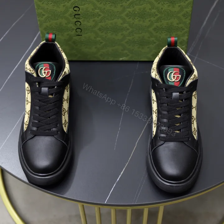 View 1 of Gucci 高仿男士高筒鞋 GG老花拼黑皮 米黃潮流復刻款