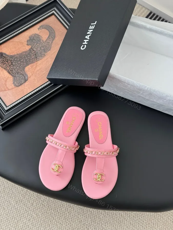 View 1 of Chanel Women Pink Leather Slides With Gold Chain
