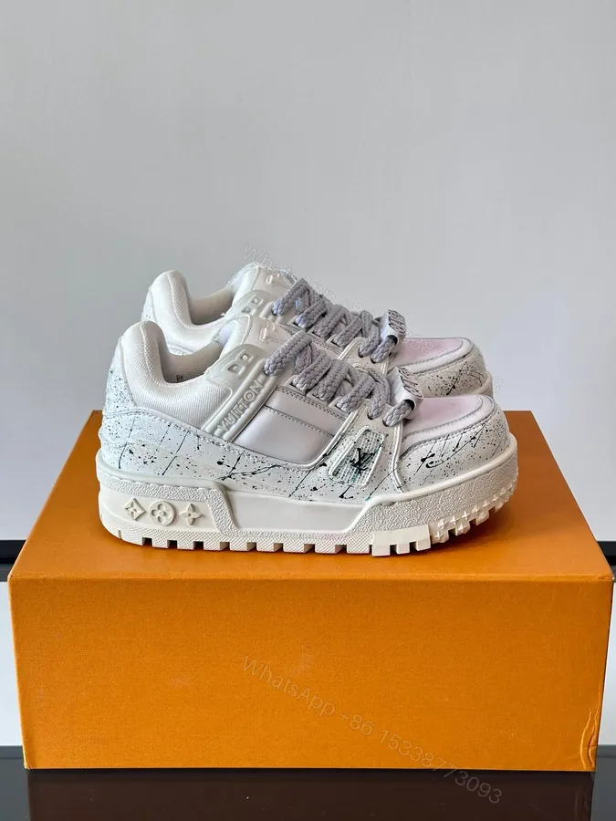 View 1 of LV Men White Leather Sneakers With Black Splatter