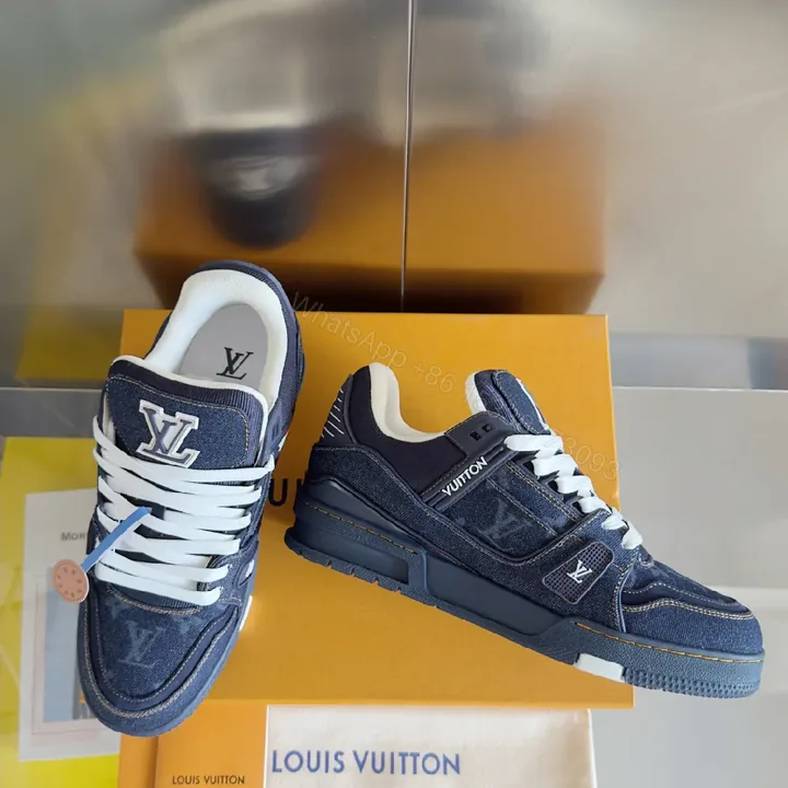View 1 of Denim-Block Luxe: Iconic LV-Style High-Tops Sneakers