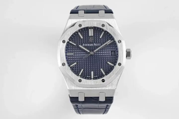 View 1 of 8F Factory Audemars Piguet Royal Oak 15500 Stainless Steel Watch with Blue Dial and Leather Strap