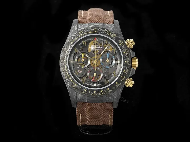 View 1 of Rolex Daytona 40mm Carbon Fiber Skeleton Dial Green Bezel Brown Strap Watch RLX-DAY-CARBON-40-GRN-BRN