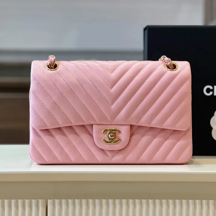 View 1 of Chanel Classic Handbags V-Pattern Pink Lock Gold 23cm