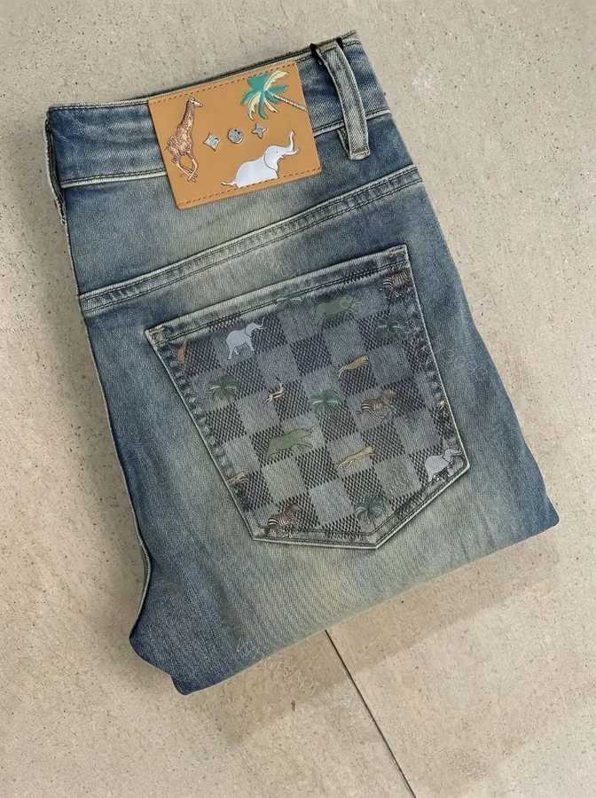 View 1 of LV A貨 動物圖騰牛仔褲 棋盤格拼接設計 潮流直筒丹寧褲
