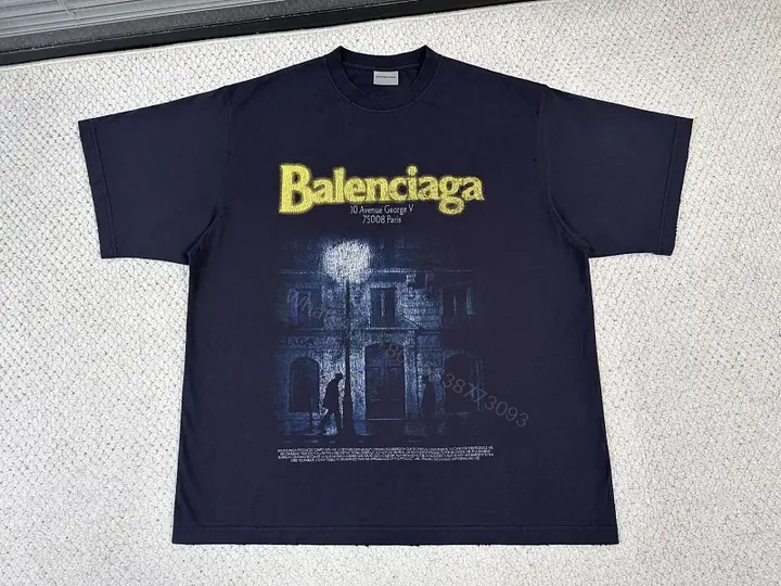 View 1 of Navy Cotton Oversize Balenciaga Graphic Tee with Neon Yellow Logo