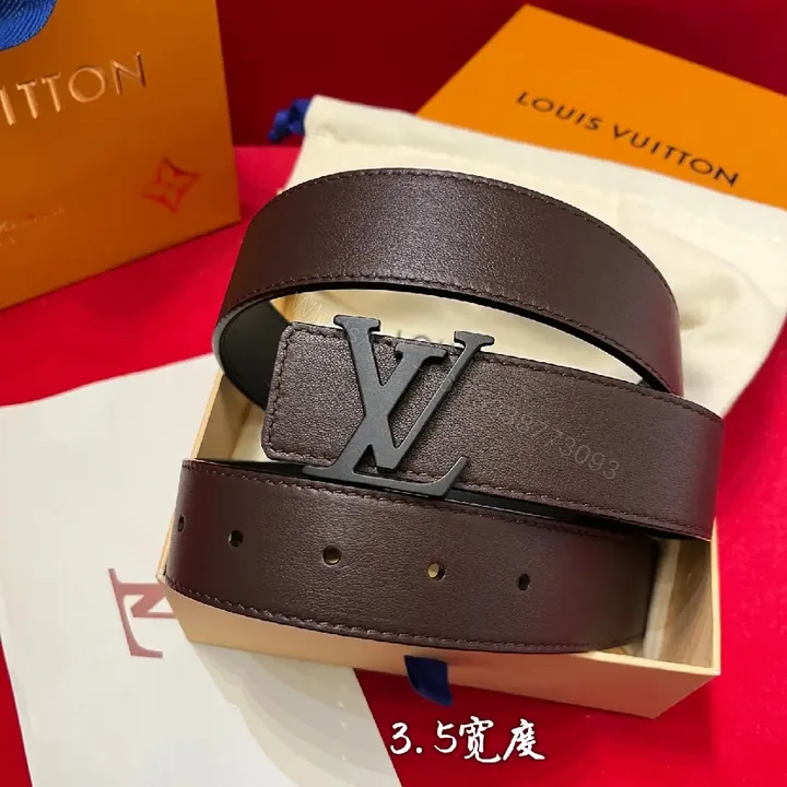 View 1 of Rich Brown Leather Belt with LV-Inspired Buckle