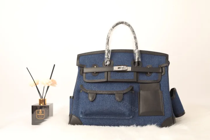 View 1 of Hermes A貨 女款 Birkin 牛仔藍拼皮口袋手提包 休閒潮流風