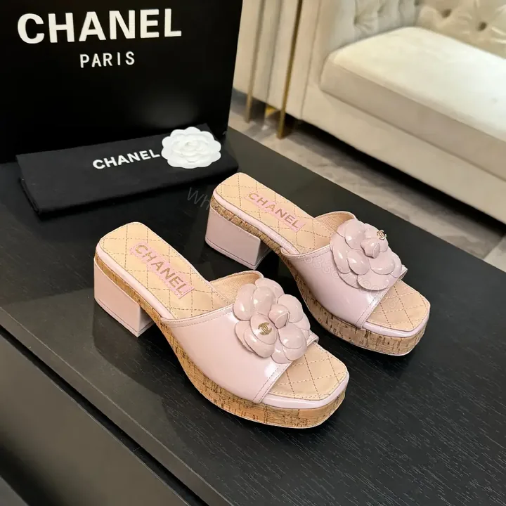 View 1 of Pink Quilted Slide Sandals with Floral Cork Platform