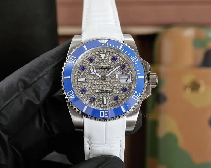 View 1 of Best Rolex Submariner Blue Leather Strap replica 40MM Pave Dial Edition RG-SUBMARINER-BLUE-LEATHER-PAVE-40