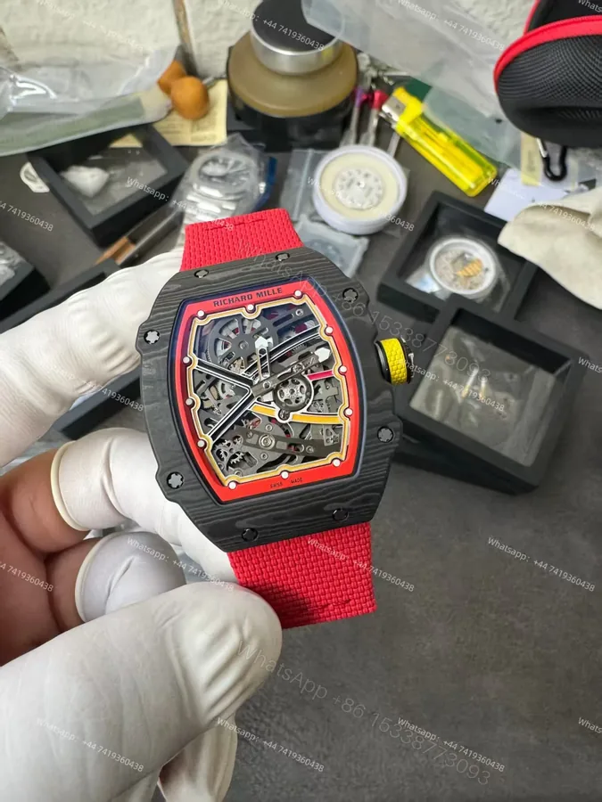 View 1 of Super Clone Richard Mille RM67-02 Carbon TPT Skeleton Tourbillon 1:1 Replica Watch with Red Strap