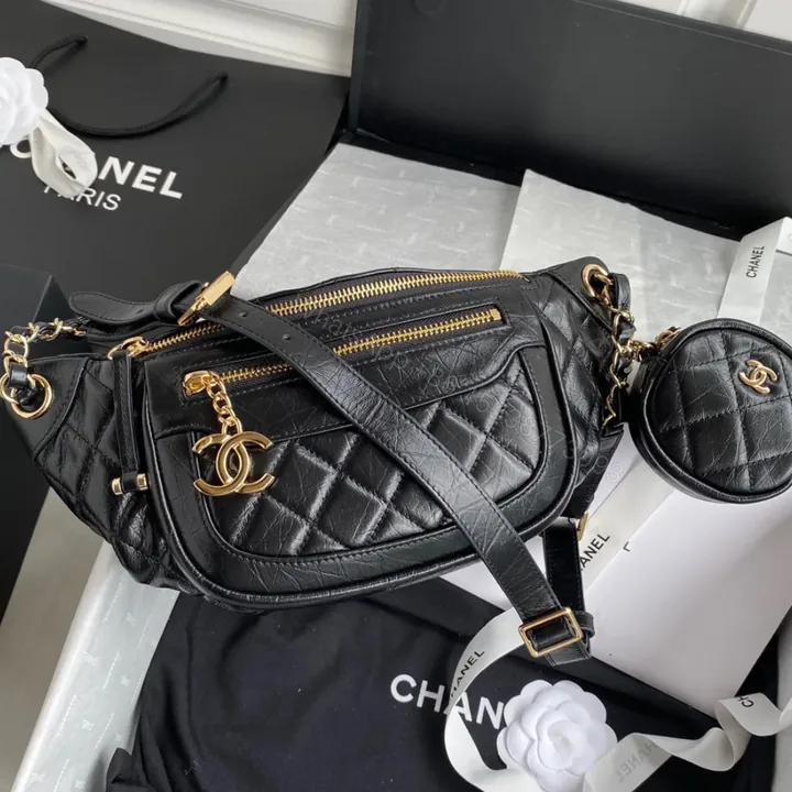 View 1 of Chanel Bumbag Black Wrinkled Leather Lock Gold Handbags 34x15x6cm