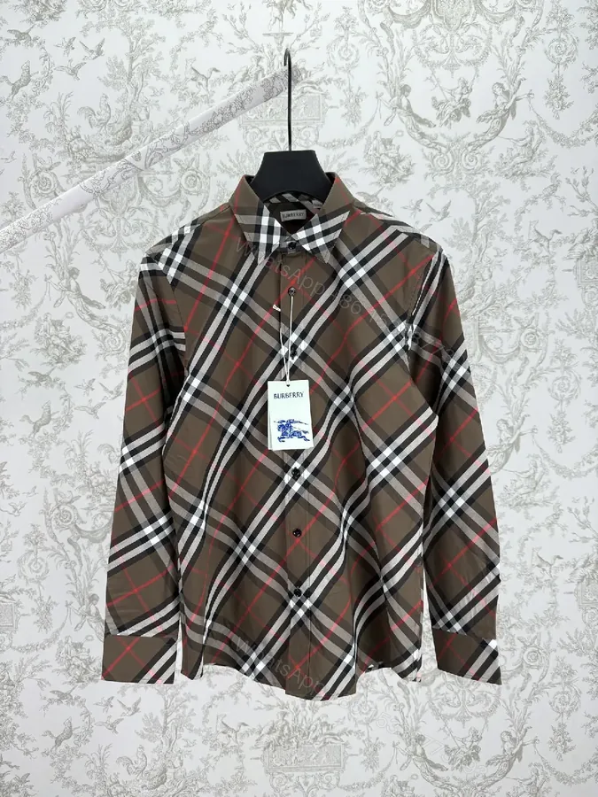 View 1 of Brown Plaid Cotton Button-Down Shirt with Signature Pattern