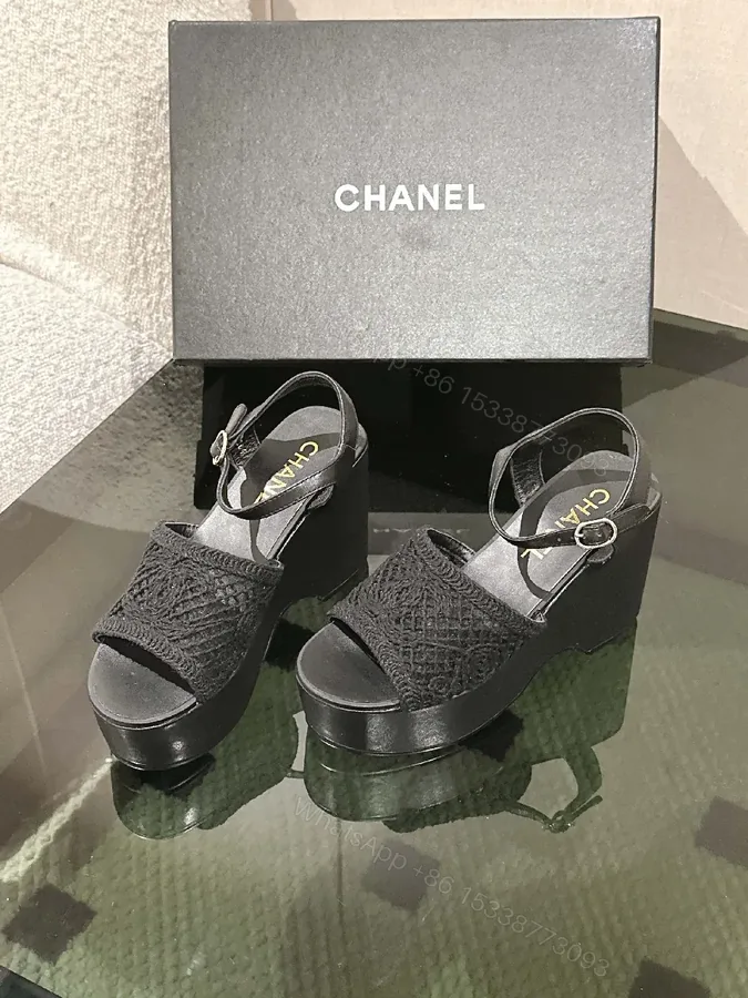View 1 of Black Lace-Trim Platform Wedges, Open-Toe, Comfortable Elevation