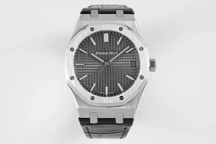 View 1 of V9 Factory Audemars Piguet Royal Oak 15500 Stainless Steel Watch with Black Dial and Leather Strap