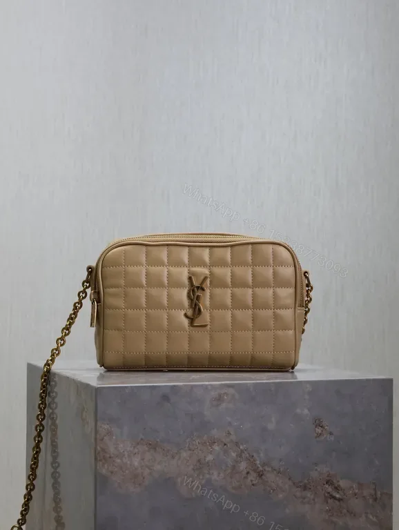View 1 of Taupe Quilted Crossbody Bag with Gold YSL-Inspired Logo