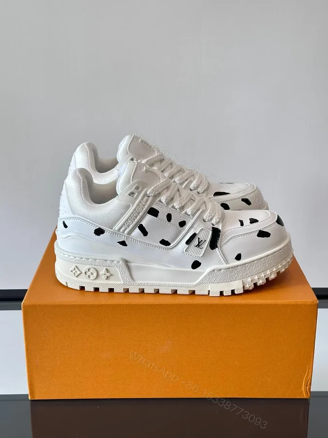 View 1 of LV Men White Leather Black Spot Sneakers