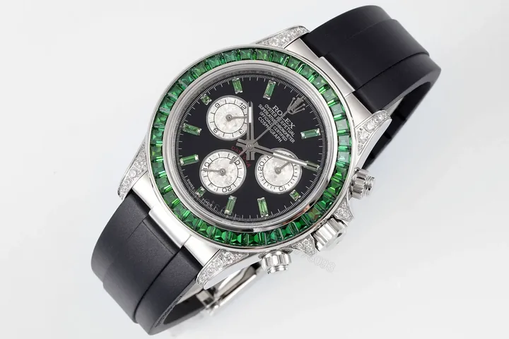 View 1 of Dazzling green diamond daytona replica 40MM Rubber Strap Edition ROLEX-DAYTONA-GRN-DIA-RUB-40