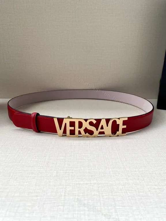View 1 of Bold Red & Pink Versace Belt with Gold Logo Buckle