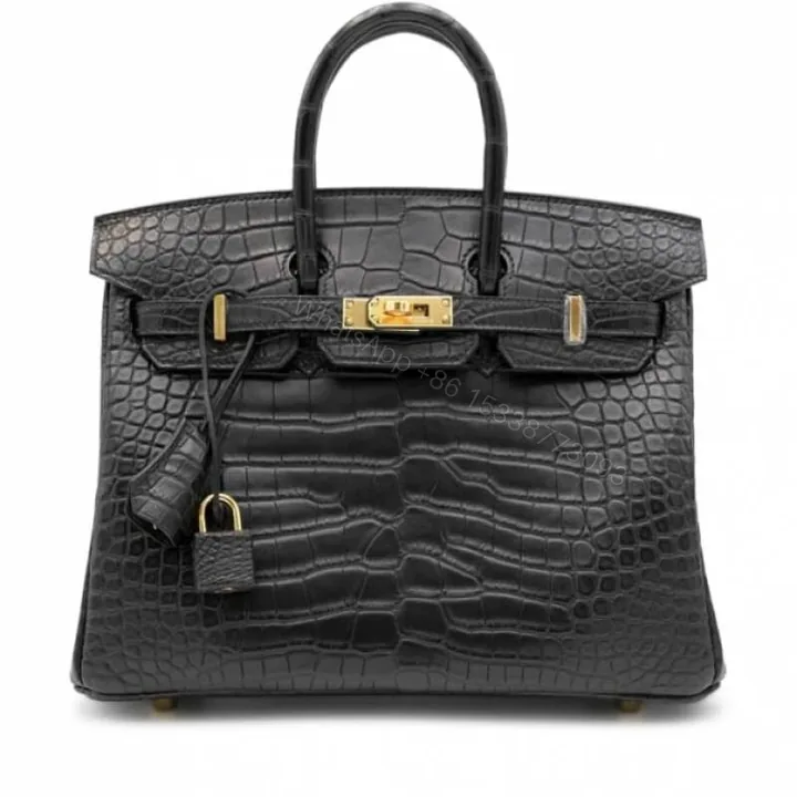 View 1 of First Copy Hermes Birkin Style Crocodile Texture Luxury Handbag With Gold Lock Hardware