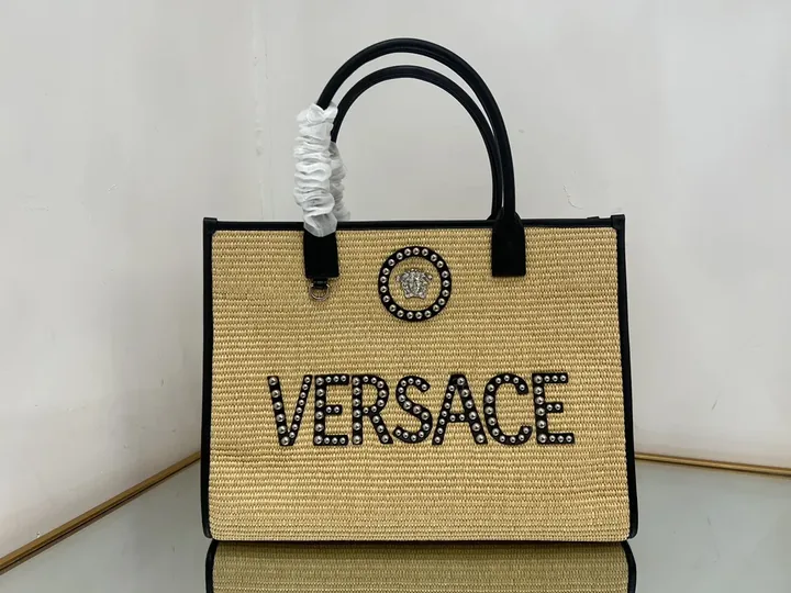 View 1 of Raffia Tote with Studded Logo Leather Trim Tote