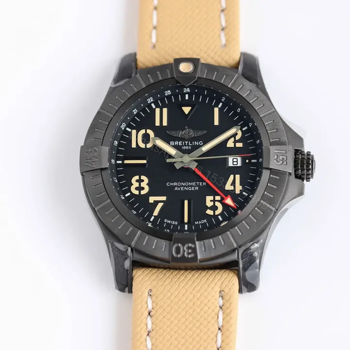 View 1 of V9 Factory Breitling Avenger Automatic GMT 45 Night Mission Watch – Black DLC Titanium Case, Beige Leather Strap, Super-LumiNova Arabic Numerals