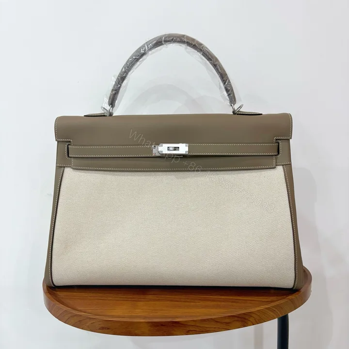 View 1 of Hermès A貨 Kelly 40 灰棕色拼接帆布手提包 低調通勤大容量精品包