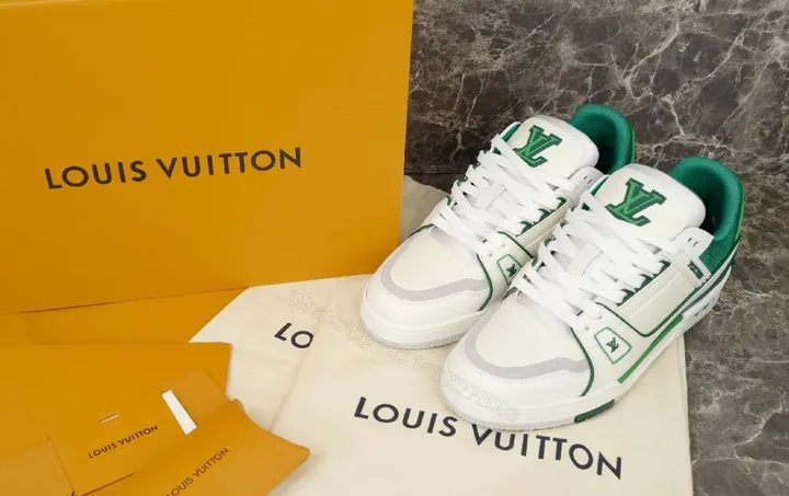 View 1 of White & Green Luxe-Style Sneakers with Signature Detailing