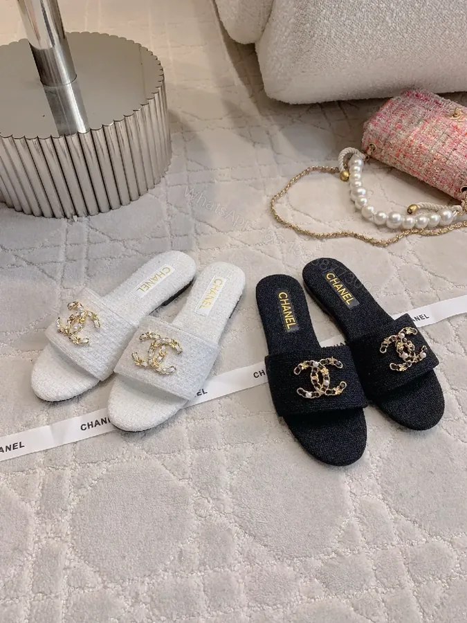 View 1 of Chanel-Inspired Textured Slider with Gold Chain Crest