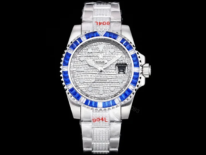 View 1 of Rolex Submariner White Diamond Replica 42MM Exclusive Blue Baguette Bezel Steel Oyster Bracelet RG-ROLEX-SUB-WHITE-DIAMOND-42