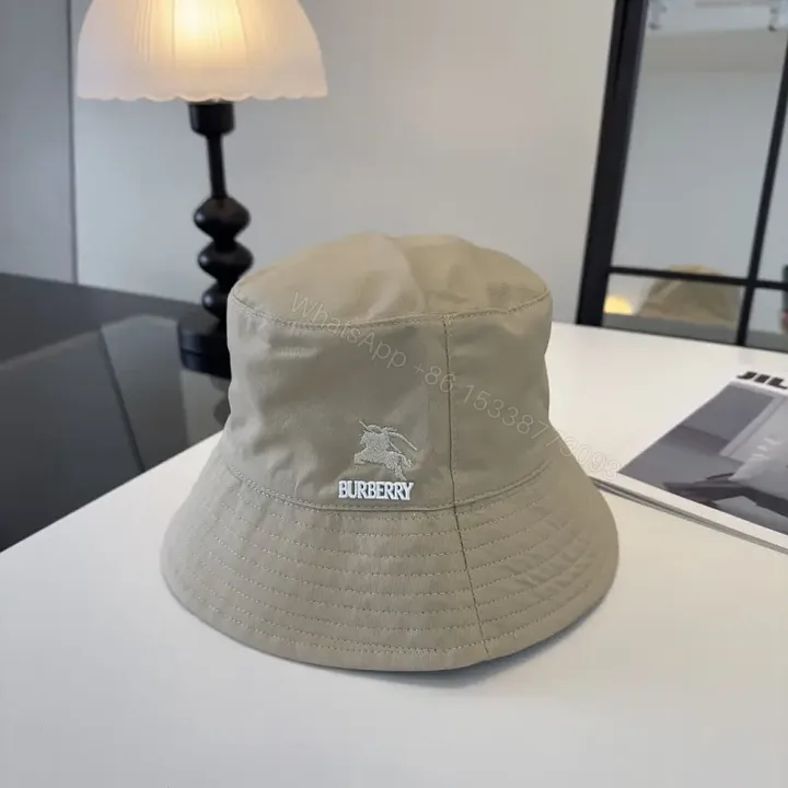 View 1 of Light Beige Khaki Bucket Hat with Embroidered Logo, Burberry Style