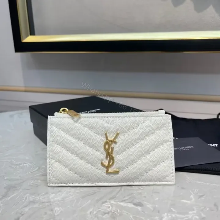 View 1 of White Quilted Leather Wallet - Gold YSL Hardware, Compact Luxury