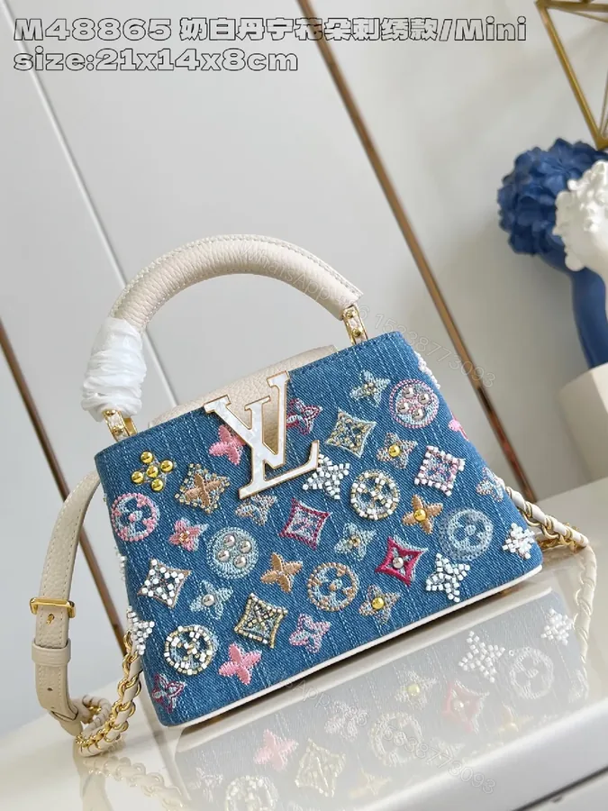 View 1 of Denim Embellished Mini Handbag with Signature Motif