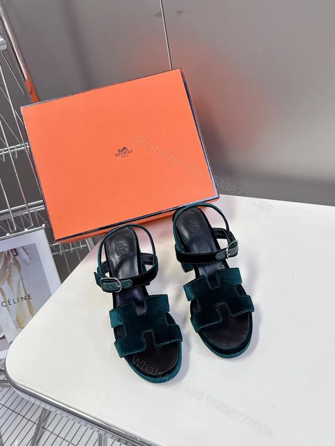 View 1 of Hermes Women Dark Green Suede Sandals