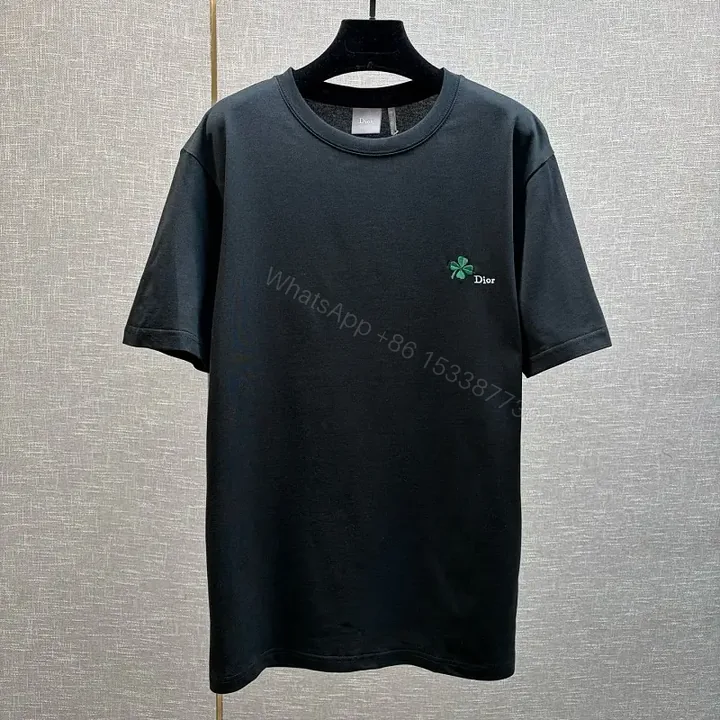 View 1 of Black Cotton T-Shirt with Green Clover Embroidery, Dior-inspired Style, Logo Feature, T-Shirt