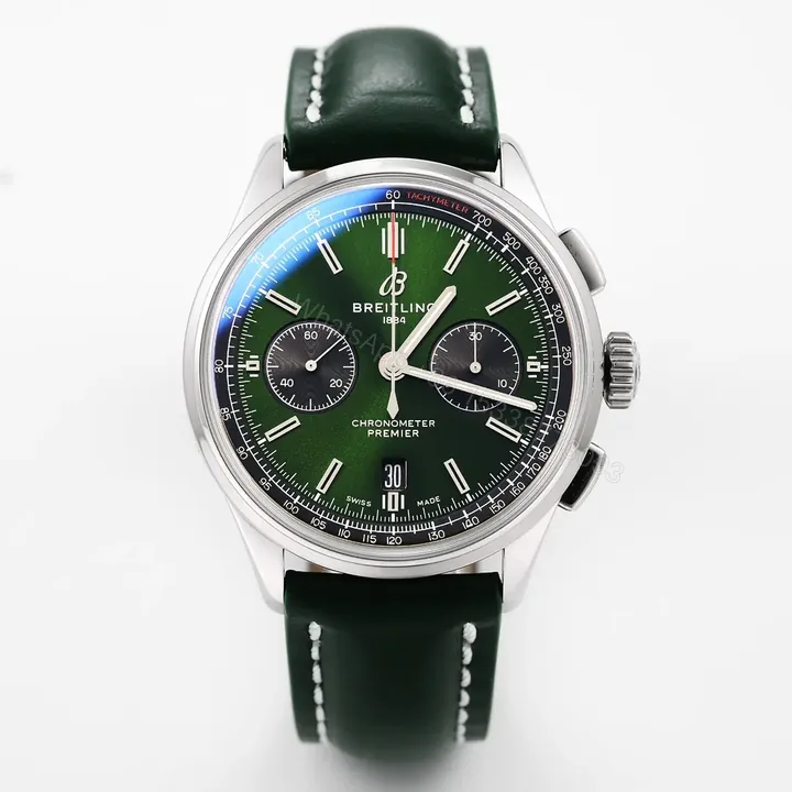View 1 of JF Factory Breitling Premier B01 Chronograph Watch – Green Dial, 42mm Stainless Steel Case, Leather Strap