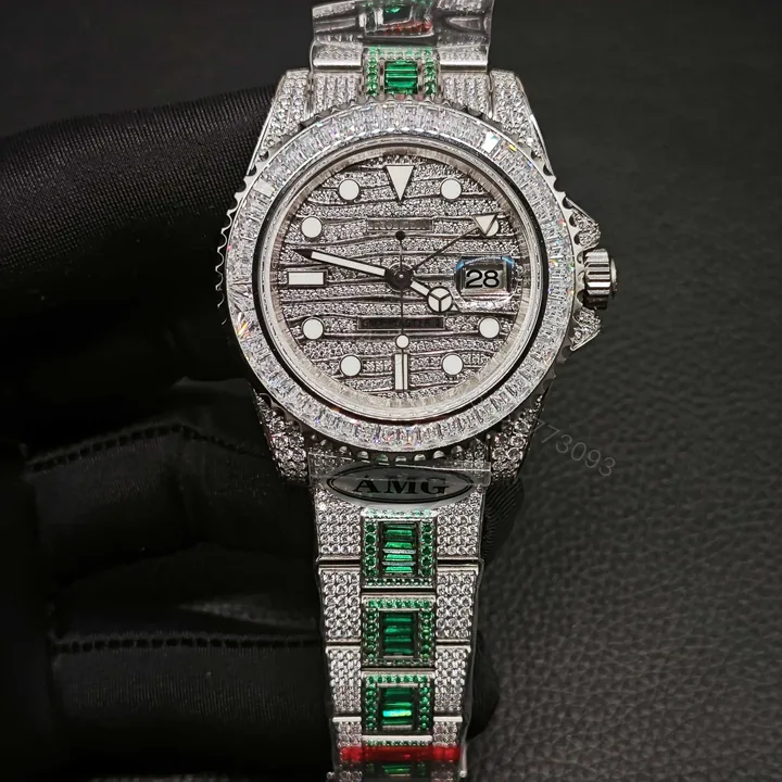 View 1 of Rolex Submariner Meteorite Diamond Replica 40MM Exclusive Green Baguette Steel Bracelet RG-ROLEX-SUB-METEORITE-GREEN-40