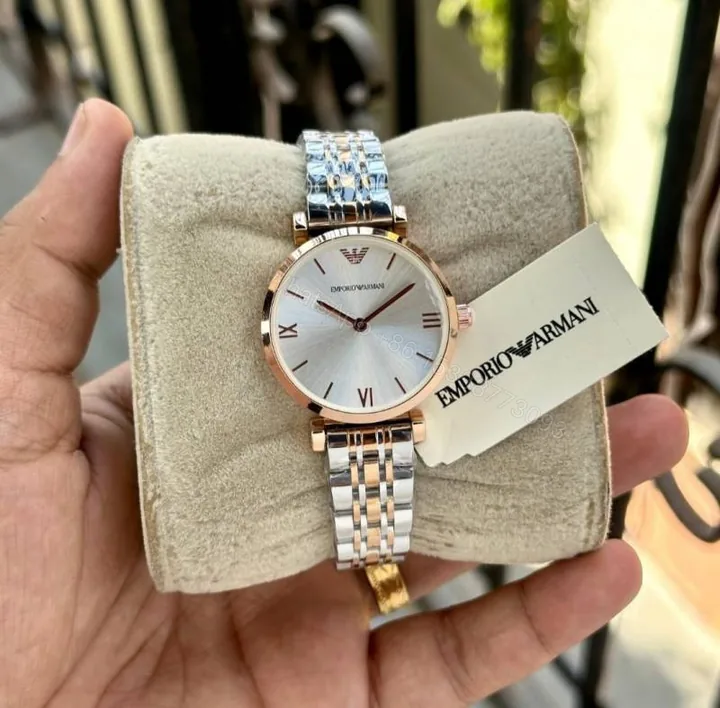 View 1 of First Copy Emporio Armani Silver Rose Gold White Dial Roman Marker Women’s Analog Watch