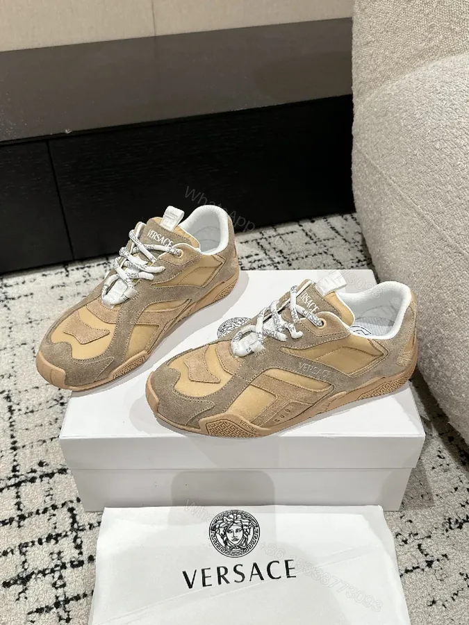 View 1 of Beige Suede-Mesh Low-Top Luxury Sneakers with Sculpted Details